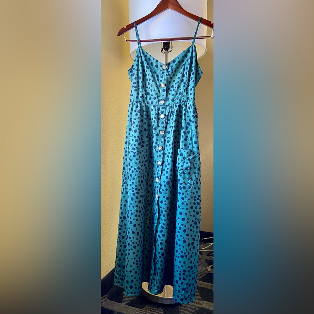 Paper Plane London Womens Strappy Maxi Dress Size L/XL Green w/blk Polka Dots